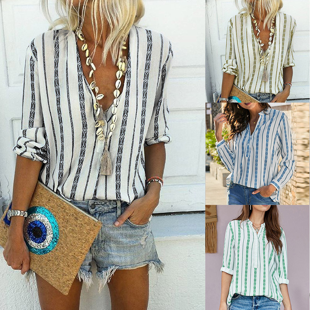 Women's New Style V-Neck Striped Shirt Loose Pullover Top