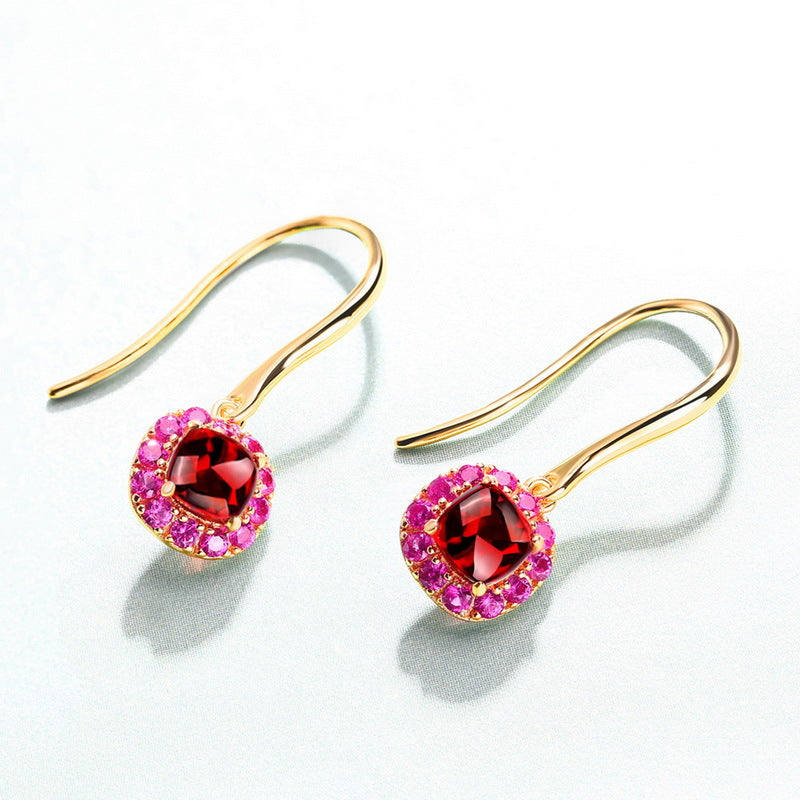 Silver Plated 9K Gold Inlaid Garnet Earrings Red Corundum