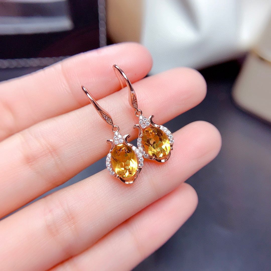 New Style Citrine Earrings Female Crystal Pure Sparkle Sparkling  Silver Inlay