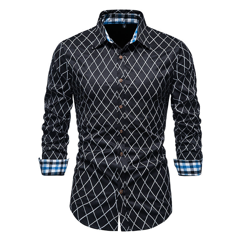 New Fashion Contrast Color Men's Long-sleeved Diamond Check Button Shirt