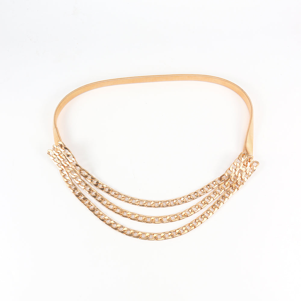 Cross-border Fashion Ladies Elastic Spring Waist Chain Golden Versatile Three-layer Chain With Dress Belt Versatile Spot