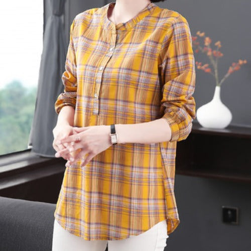 Cotton And Linen Plus Size Plaid Women's Shirt