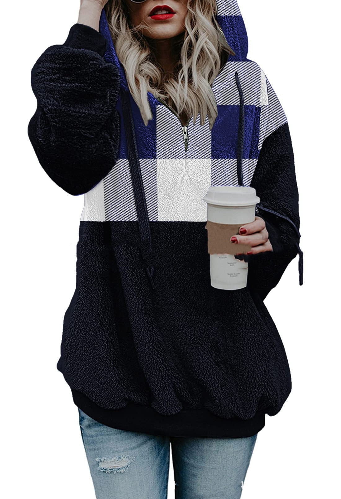 Sweater Women's Long-sleeved Hooded Plush Plaid Top