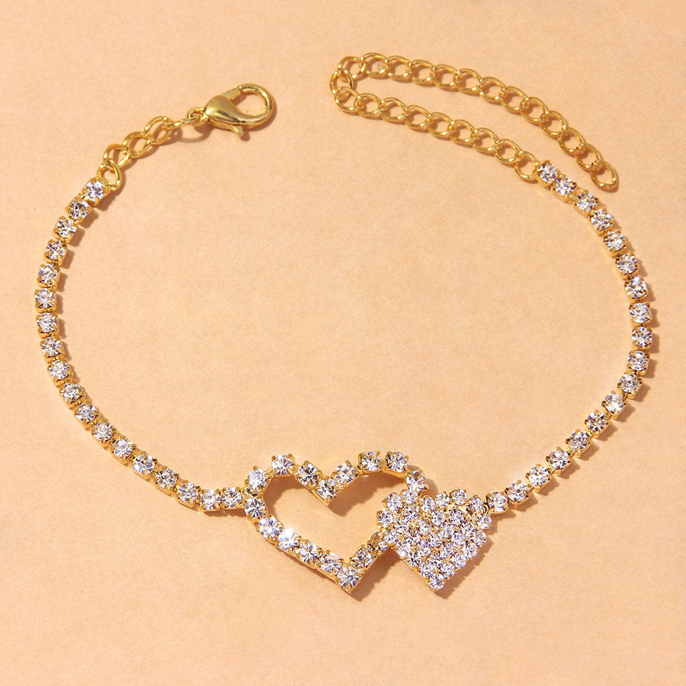 Hot Selling Full Rhinestone Double Heart Anklet In Europe And America