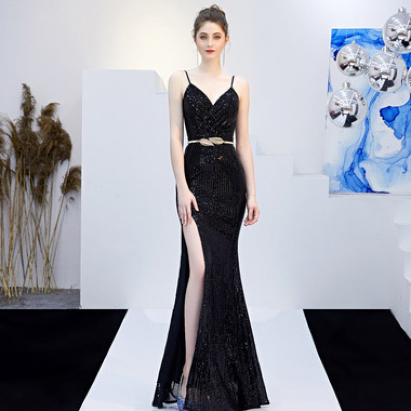 New Banquet Elegant Annual Meeting Long Host Deep V Sexy Fishtail Sequined Dress