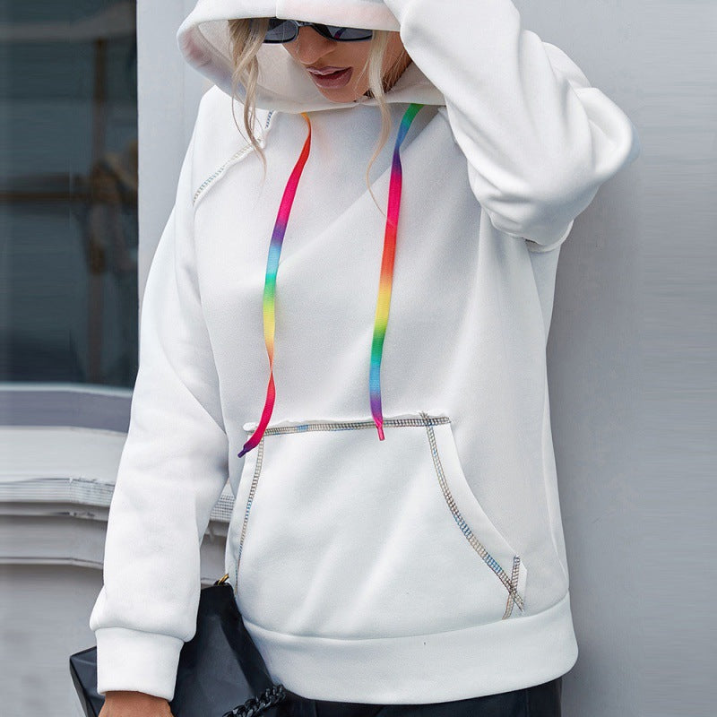 Loose Casual Hooded Sweater Rainbow Ribbon Color Block Jacket  Top