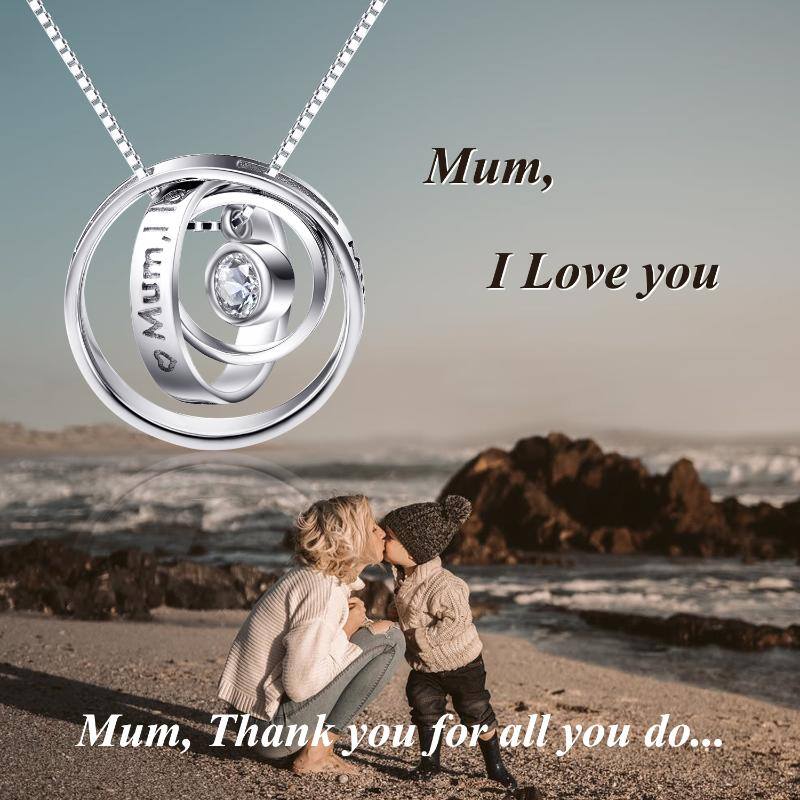 Mom Necklace Sterling Silver Engraved Mum Thank You for All You Do and Mum I Love You Three Ring Pendant Necklace Jewelry