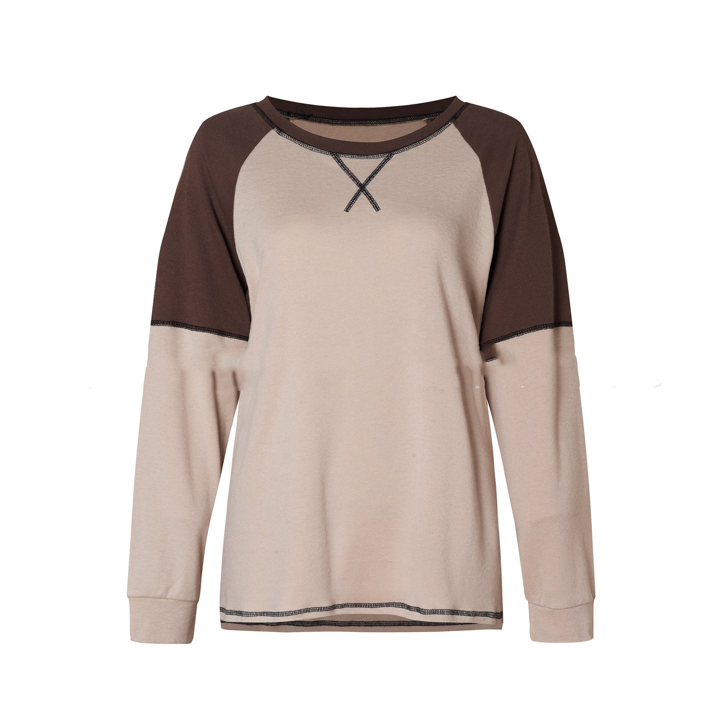 Long Sleeve Stitching Round Neck Casual T-shirt Loose Ladies Top