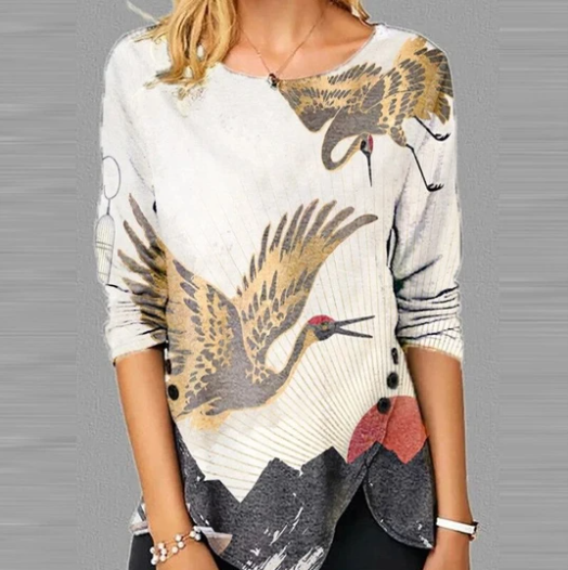 Printed Slit Round Neck Casual Long-sleeved T-shirt