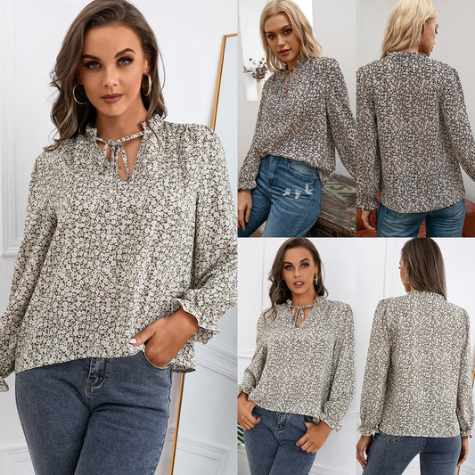 Loose Casual Printed Fungus V-neck Long-sleeved Shirt