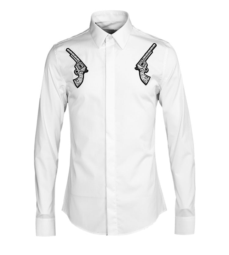 Men's Handmade Badge Long Sleeve Slim Simple Shirt