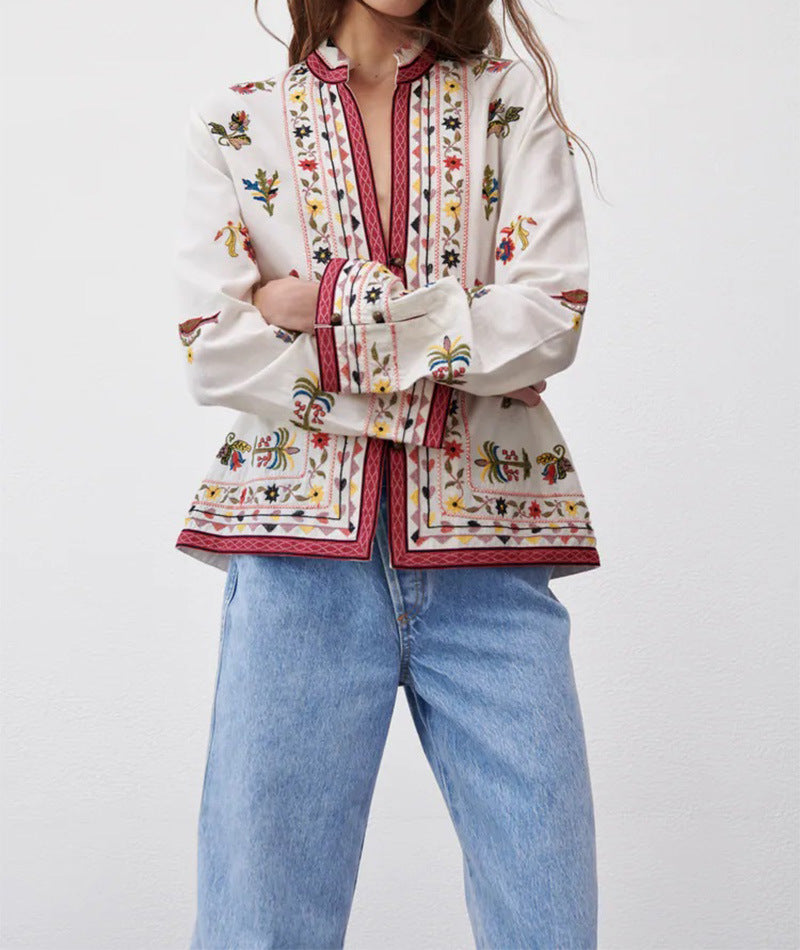 Stand-up Collar Embroidery Ethnic Casual Shirt