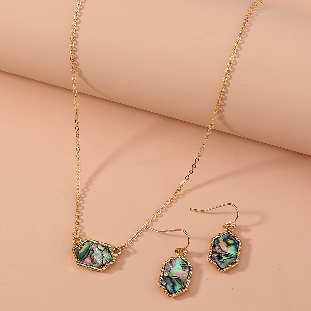 Diamond-shaped natural abalone shell necklace earrings set