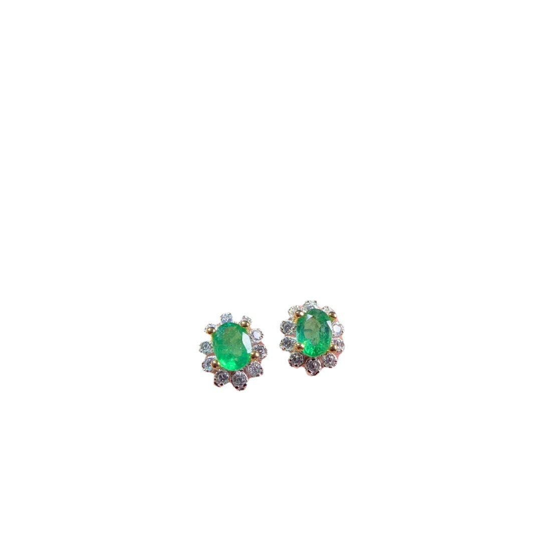 Women's Natural Emerald Silver Stud Earrings