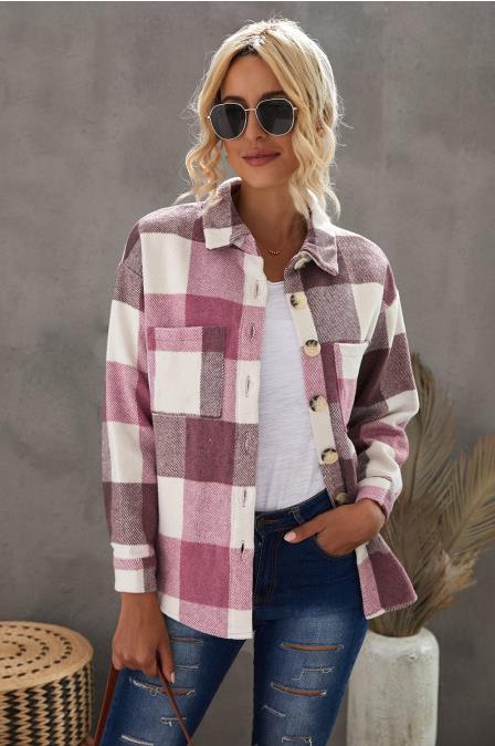 Casual Long-sleeved Lapel Loose-fitting Blouse Plaid Woolen Coat