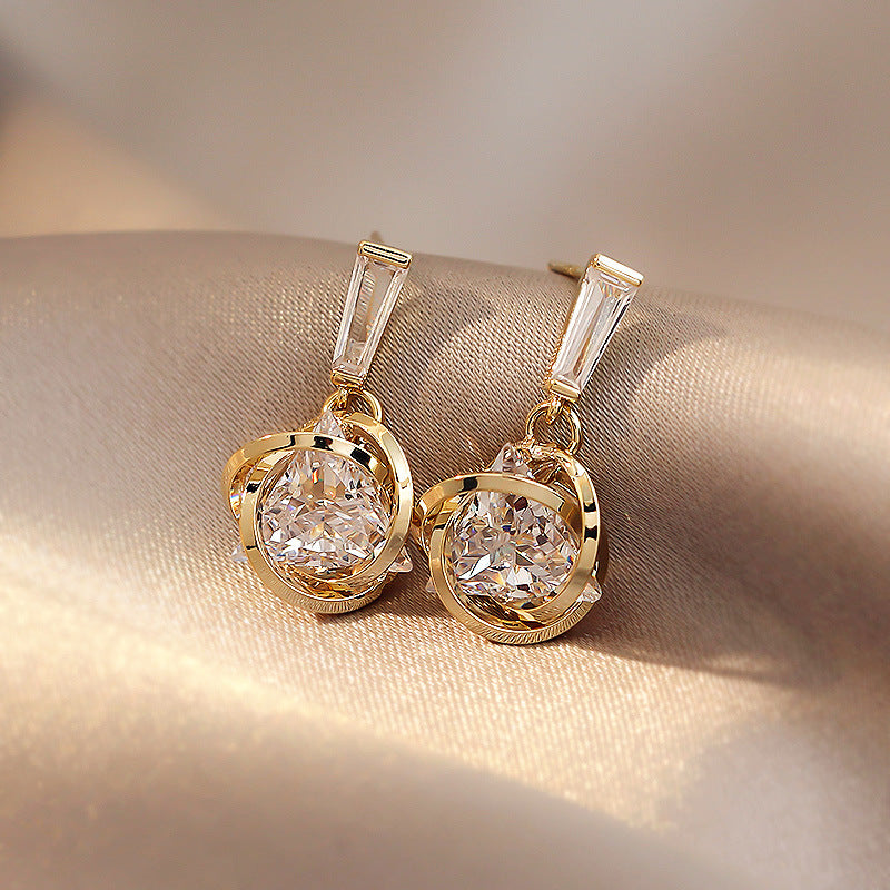 Exquisite Triangular Zircon Pendant Earrings Round Cross Gold Color Ear Stud Women Wedding Party Jewelry Gift