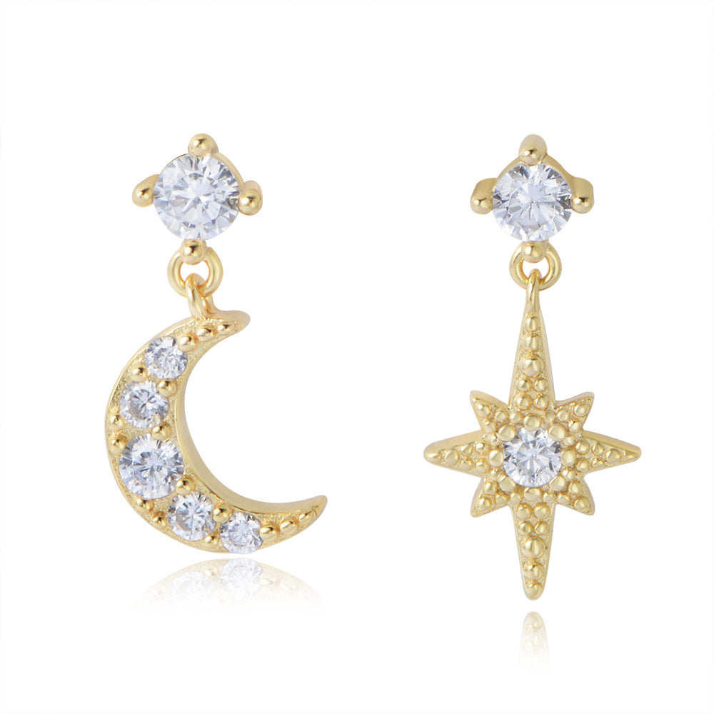 Asymmetrical Eight-pointed Star Moon Earrings Personality Zircon