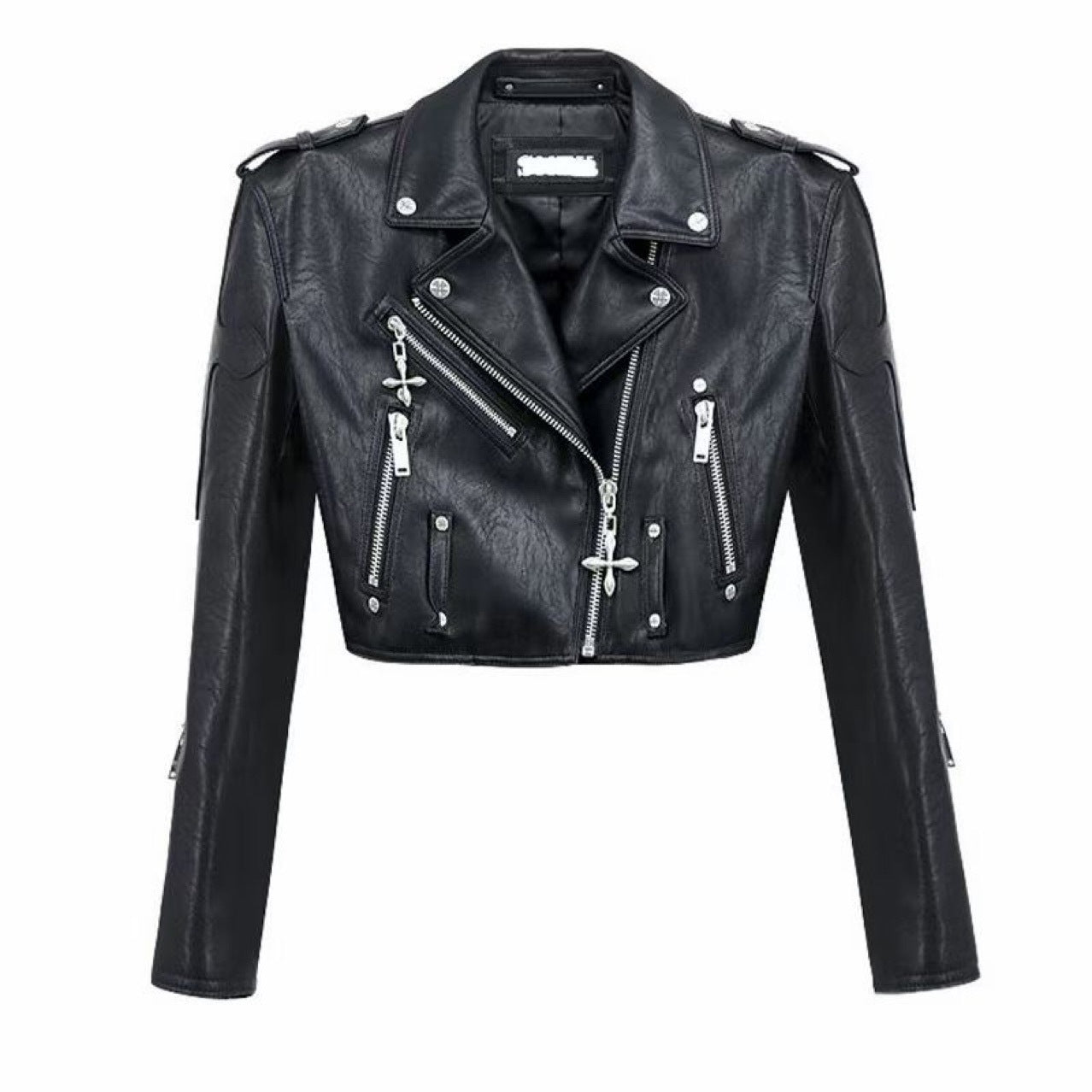 Midnight Biker Studded Cross Faux Cropped Leather Jacket