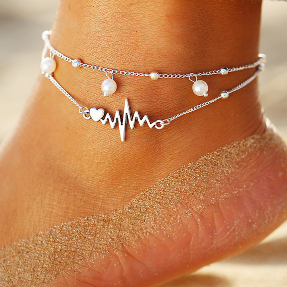 New Anklet Double-layer Pearl Anklet ECG