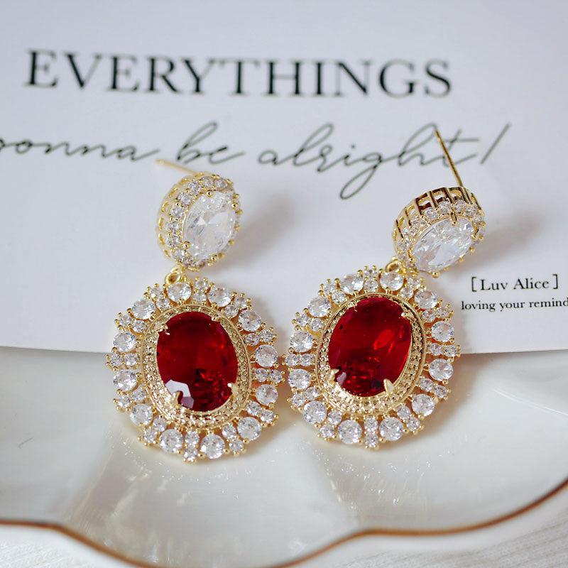 French Classic Princess Wedding Red Diamond Vintage Earrings