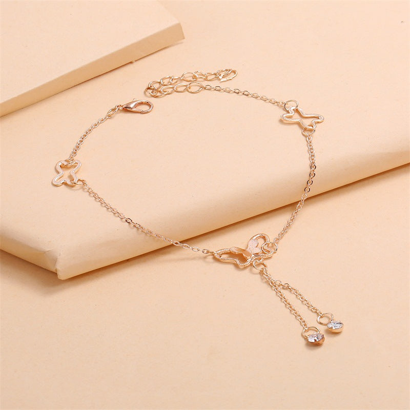 Temperament Butterfly Double Diamond Tassel Rose Gold Anklet