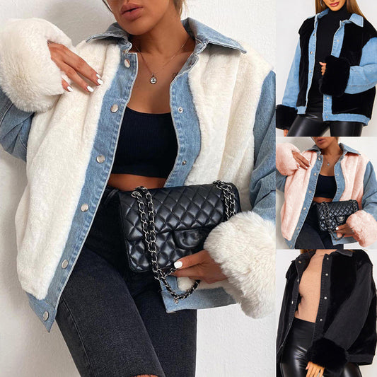 Plush Denim Stitching Warm Jacket Autumn And Winter