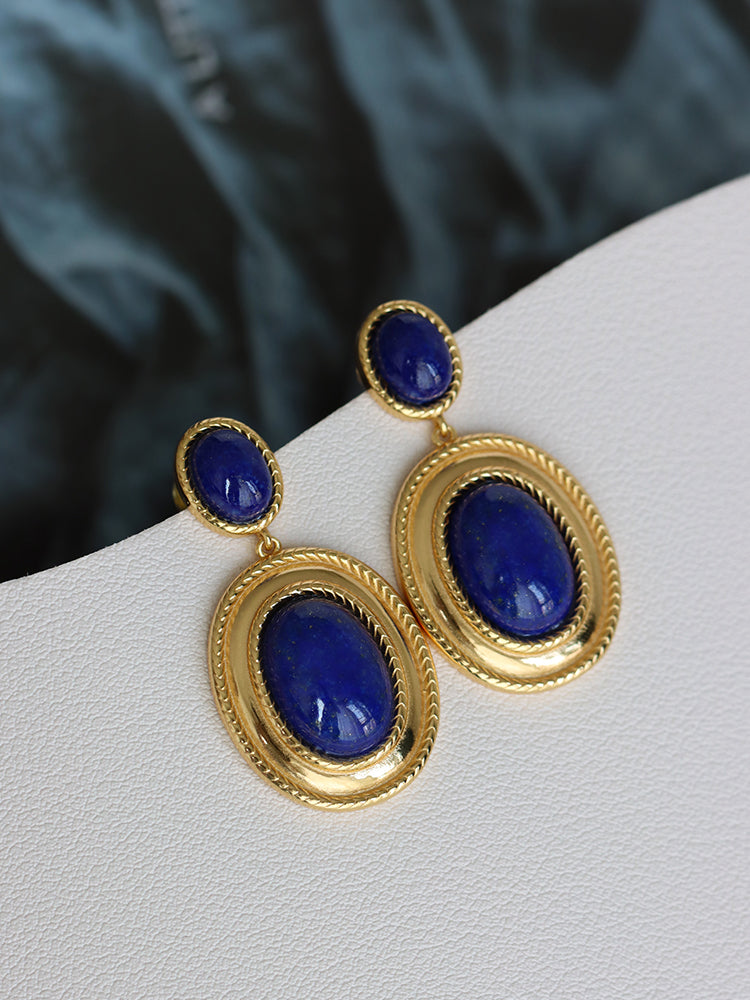 Retro Earrings Hong Kong Style High-end Ins Niche Design Natural Lapis Lazuli