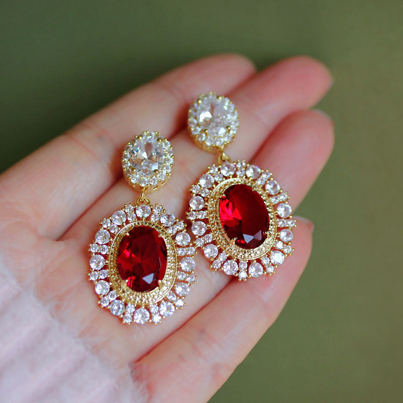 French Classic Princess Wedding Red Diamond Vintage Earrings