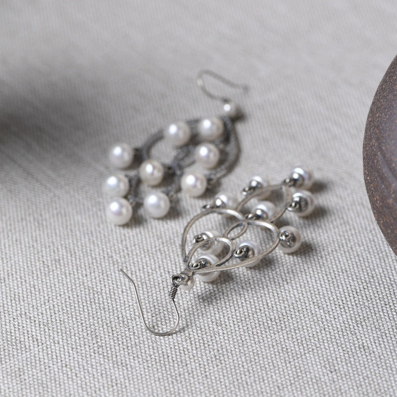 925 Vintage Thai Silver Tassel Pearl Silver Earrings