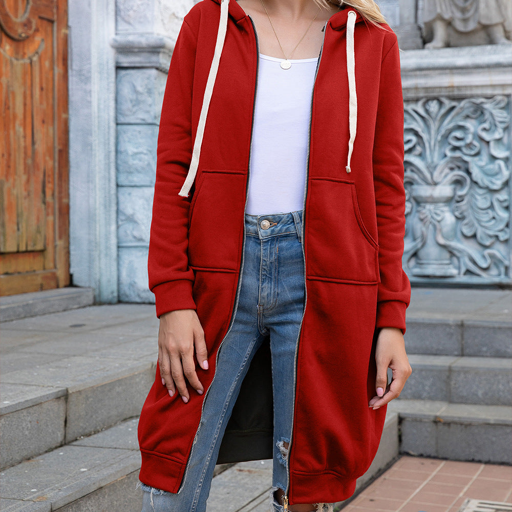 Women's Large Size Loose Cardigan Hooded Mid-length Coat