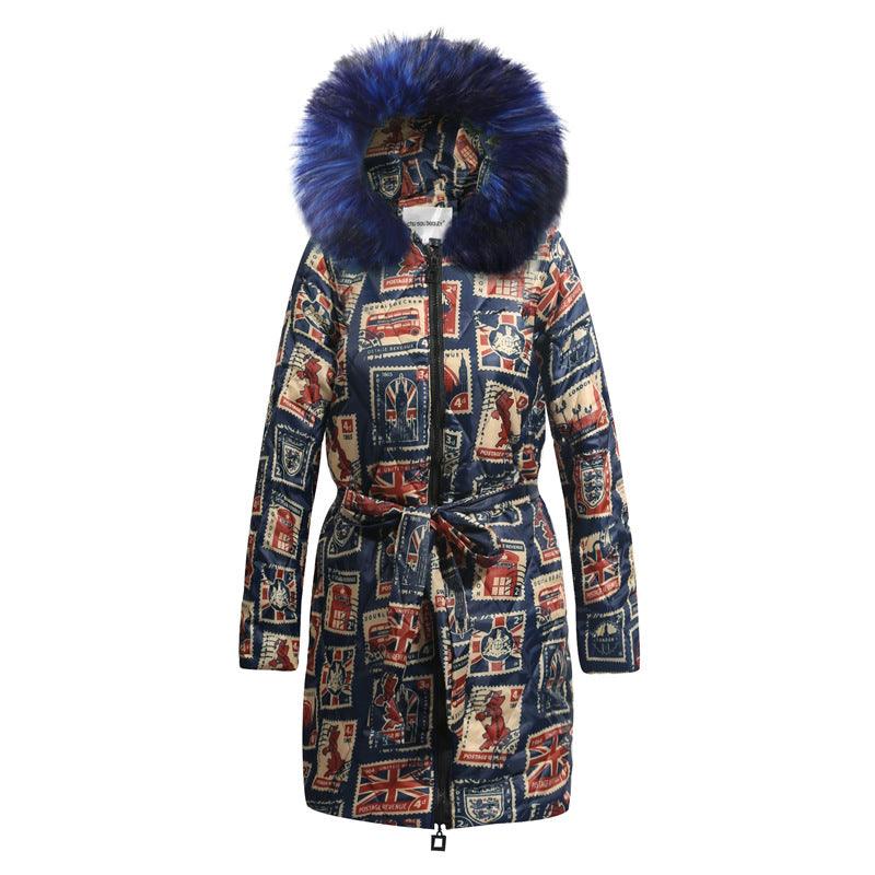 Long Plus Size Printing Retro Hooded Padded Jacket