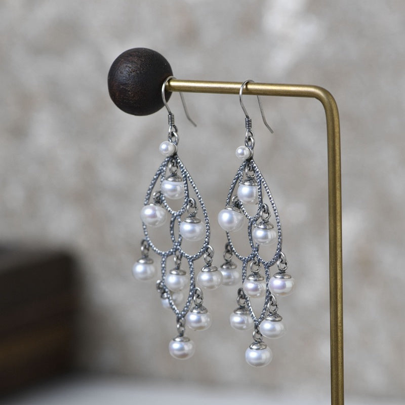 925 Vintage Thai Silver Tassel Pearl Silver Earrings