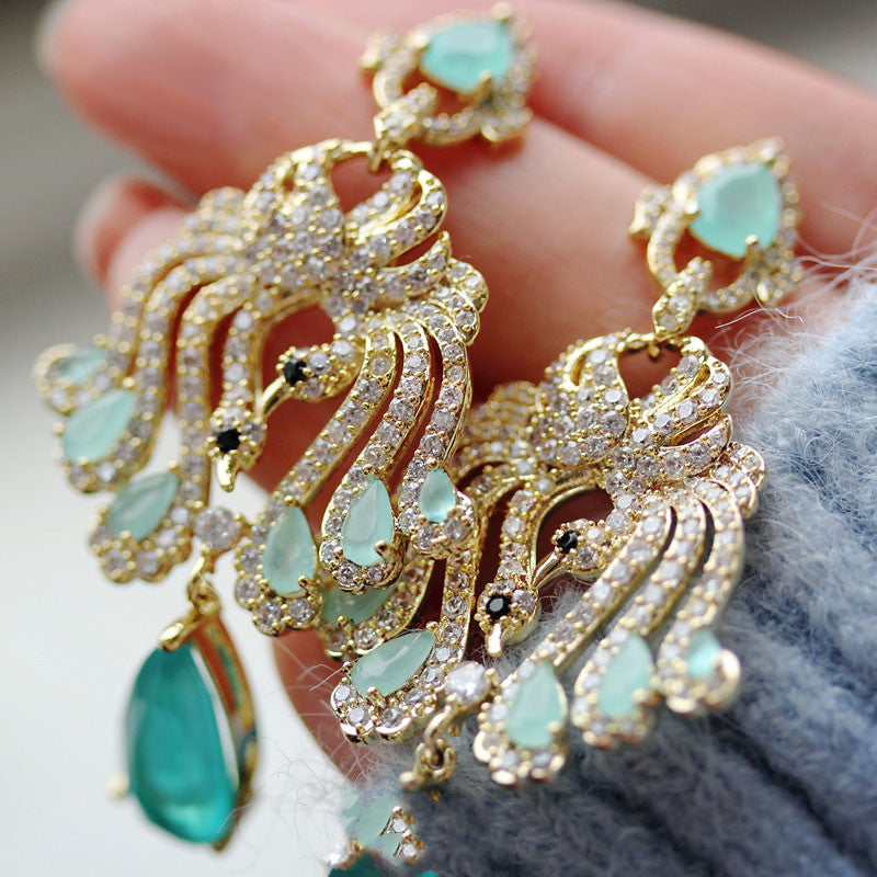 Delicate Light Ice Blue Swan Drop Tassel Earrings