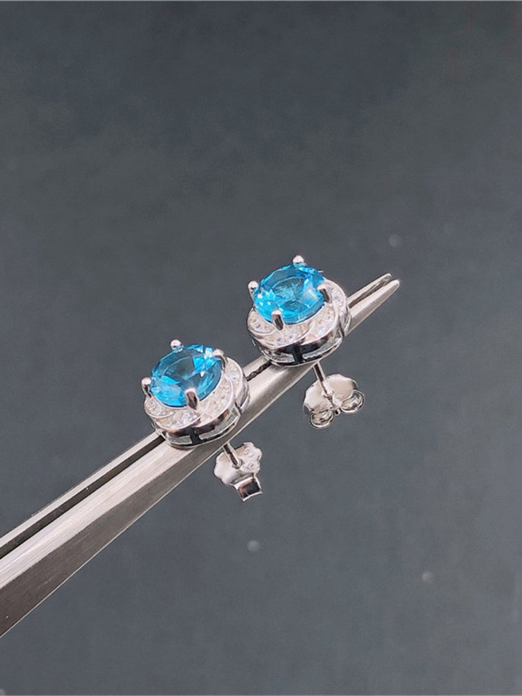 New Sapphire Natural London Blue Topaz Flower Stud Earrings