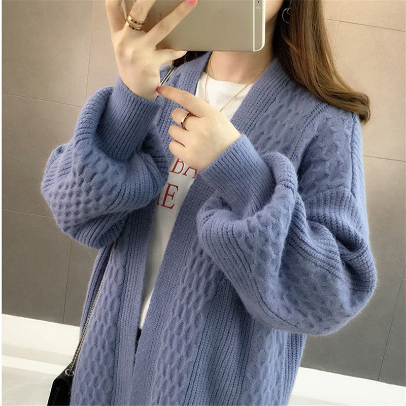 Mid Length Knit Cardigan Women's V-Neck Solid Color