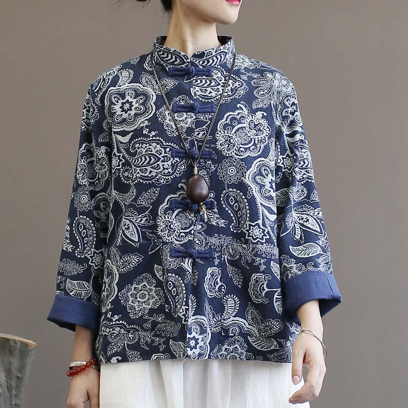 Cotton And Linen Jacket Women's Ethnic Blue Calico Cardigan