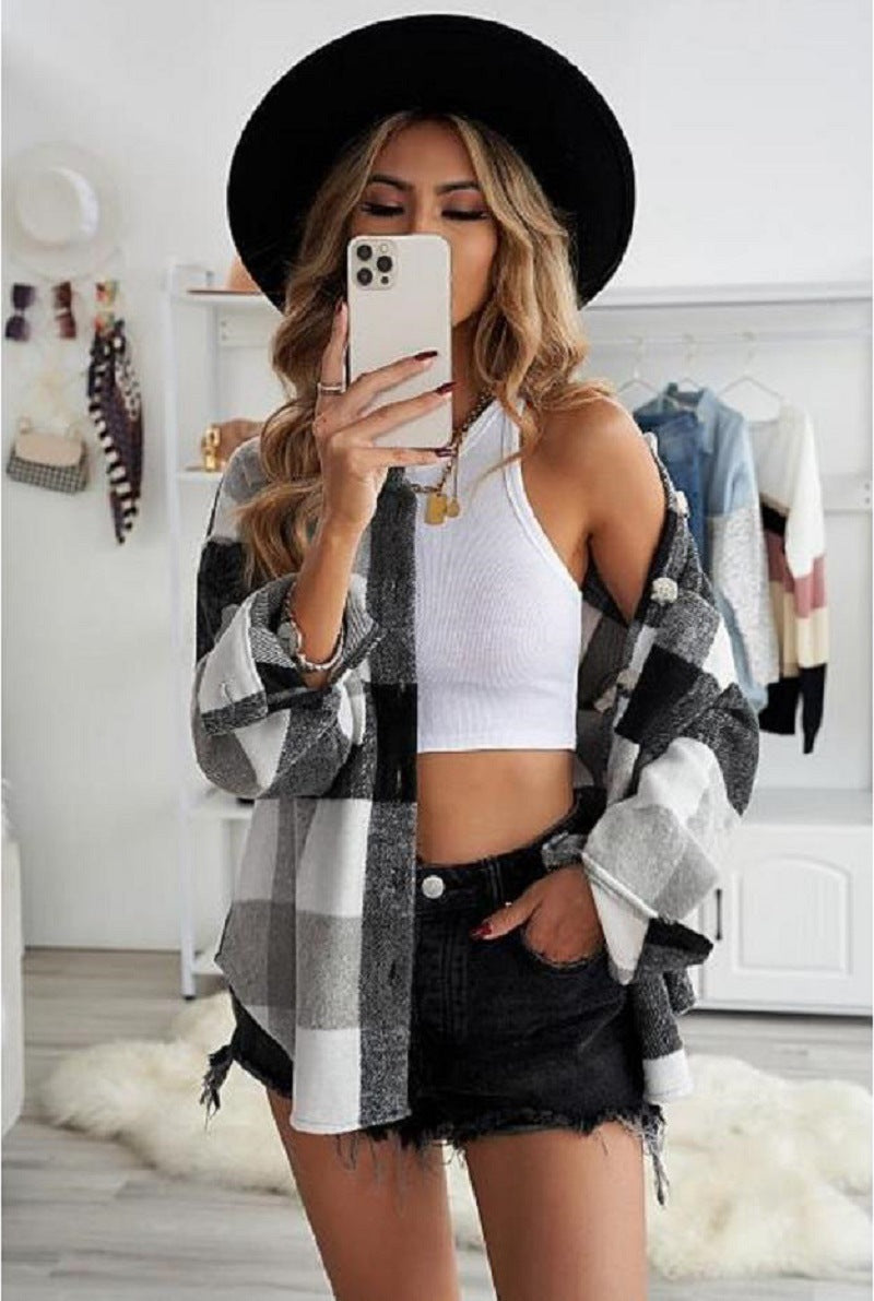 Casual Long-sleeved Lapel Loose-fitting Blouse Plaid Woolen Coat