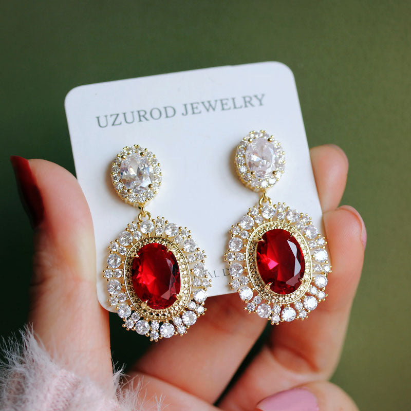 French Classic Princess Wedding Red Diamond Vintage Earrings