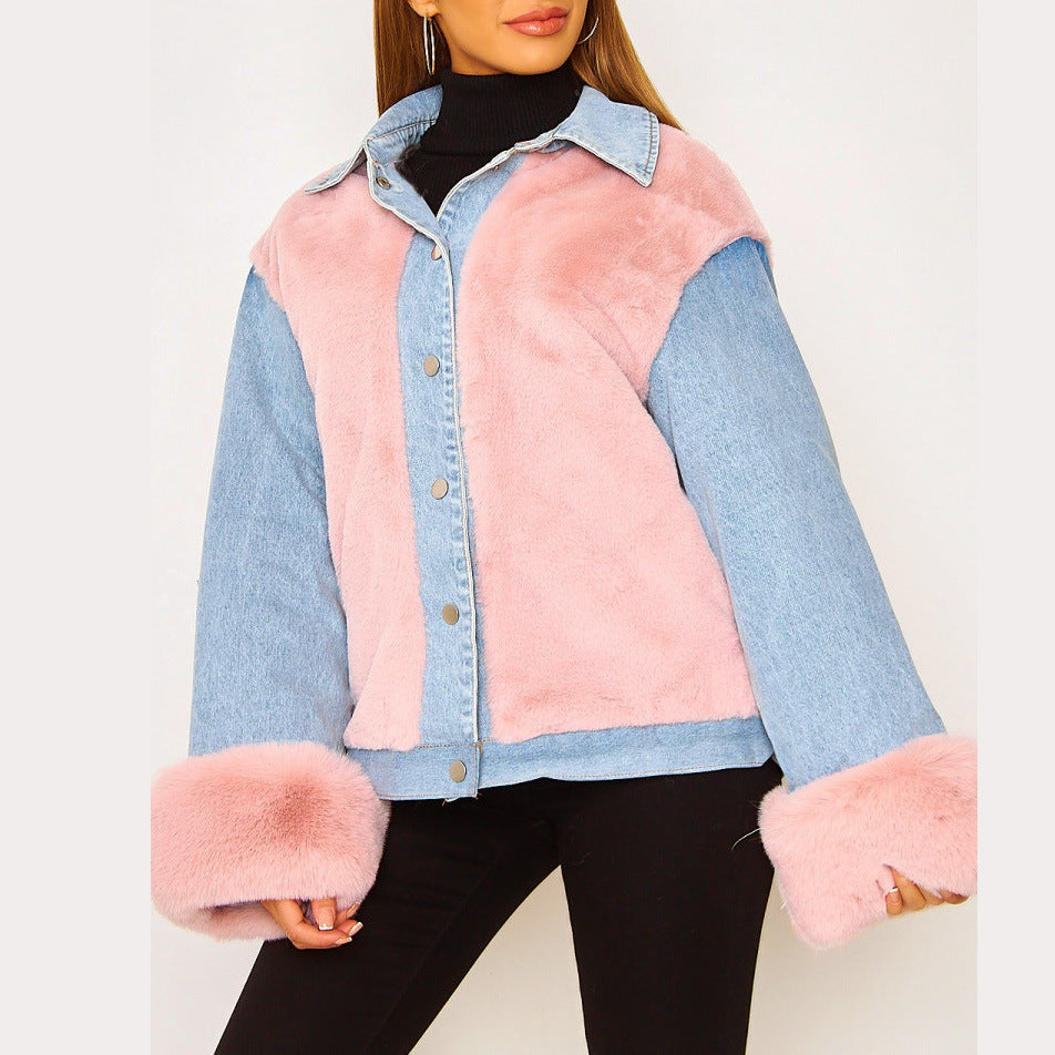 Plush Denim Stitching Warm Jacket Autumn And Winter