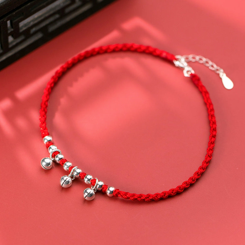 Silver Belt Extension Chain Bells Silver Beads Women's Braided Anklet