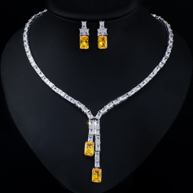 Retro Simple Geometric Full Inlaid Square Zircon Set Necklace Earrings Two-piece Banquet Accessories