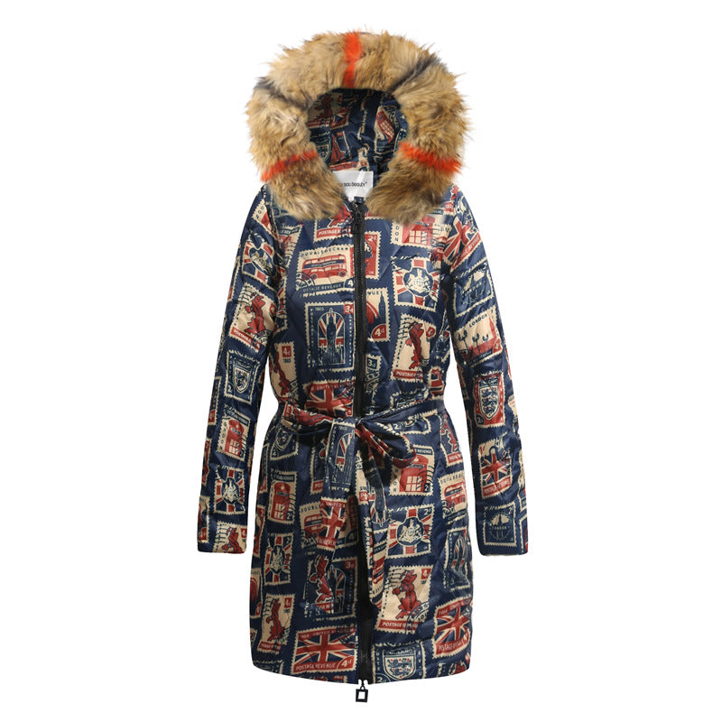 Long Plus Size Printing Retro Hooded Padded Jacket