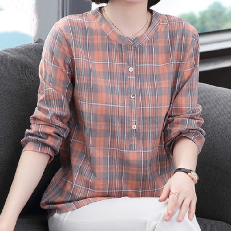 Cotton And Linen Plus Size Plaid Women's Shirt