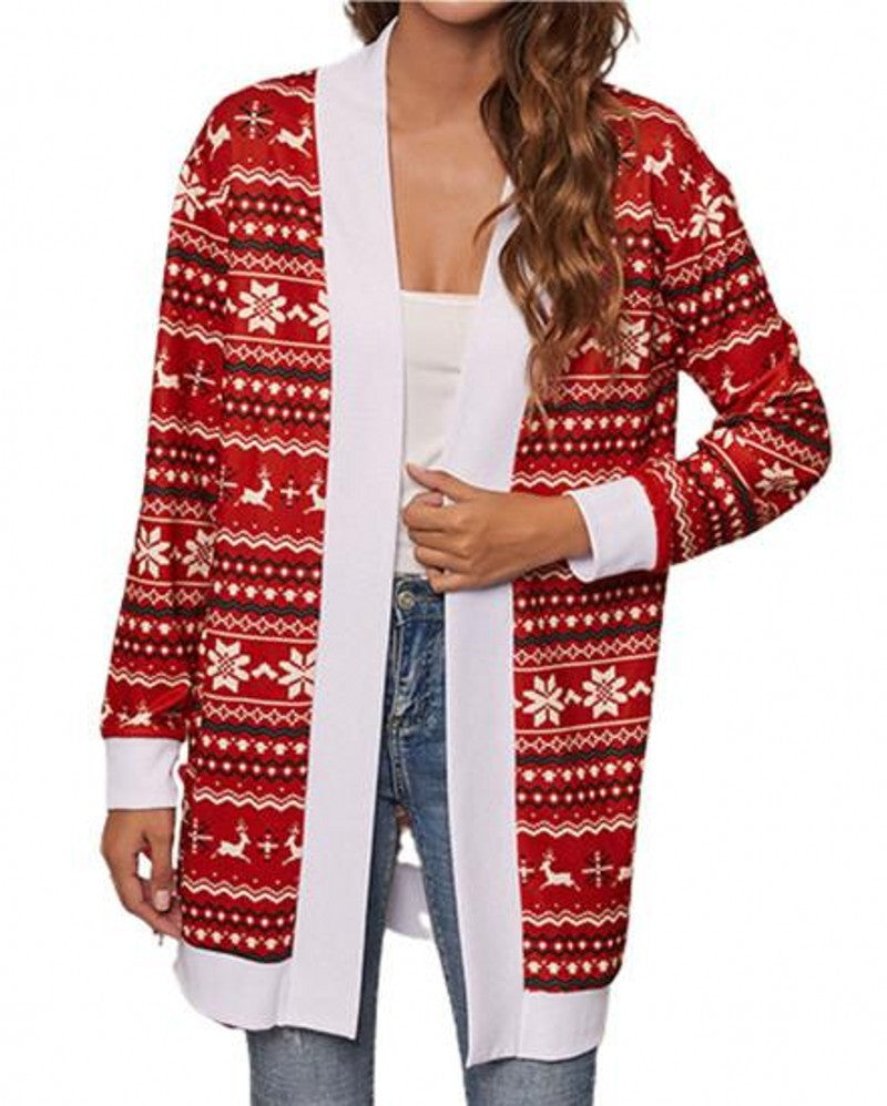 Women's Christmas Print Contrast Design Long Sleeve Cardigan