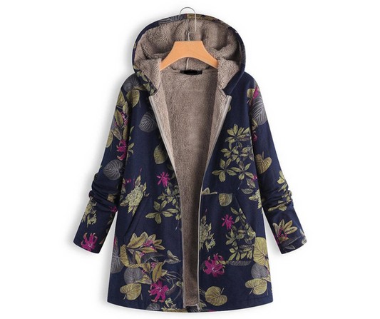 Autumn And Winter New Women's Vintage Warm Printing Pocket Thickened Zipper Hoodie