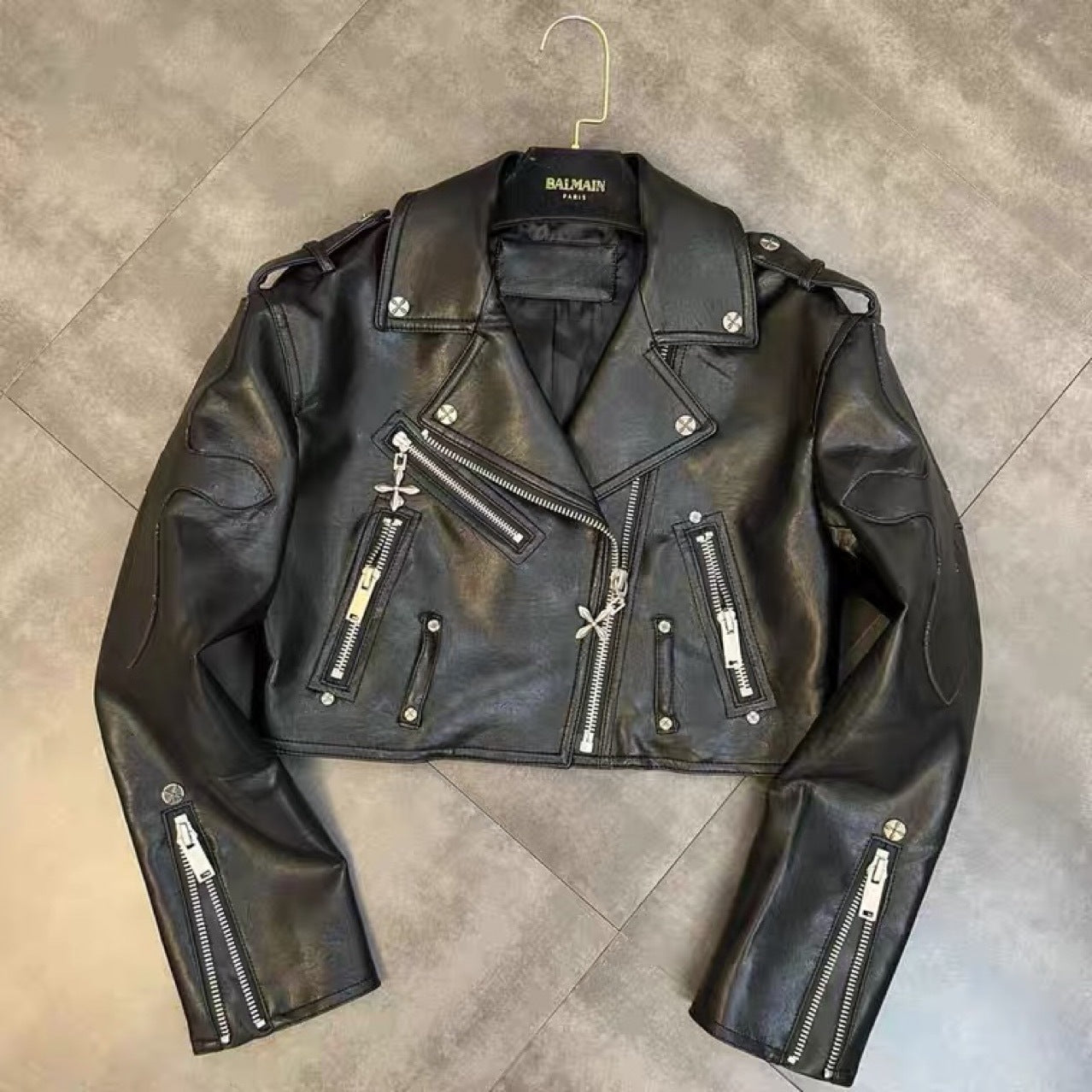 Midnight Biker Studded Cross Faux Cropped Leather Jacket