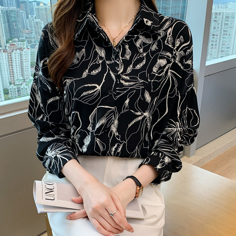 Pattern Print Lapel Drape Long-sleeved Shirt