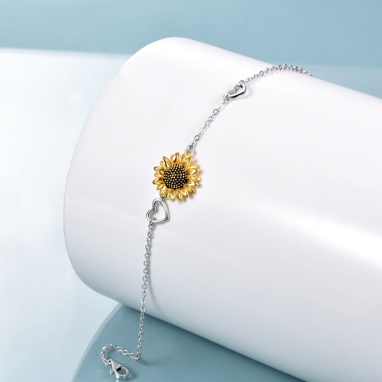 Sterling Silver Two-tone Sunflower Anklet Double Heart Rolo Chain