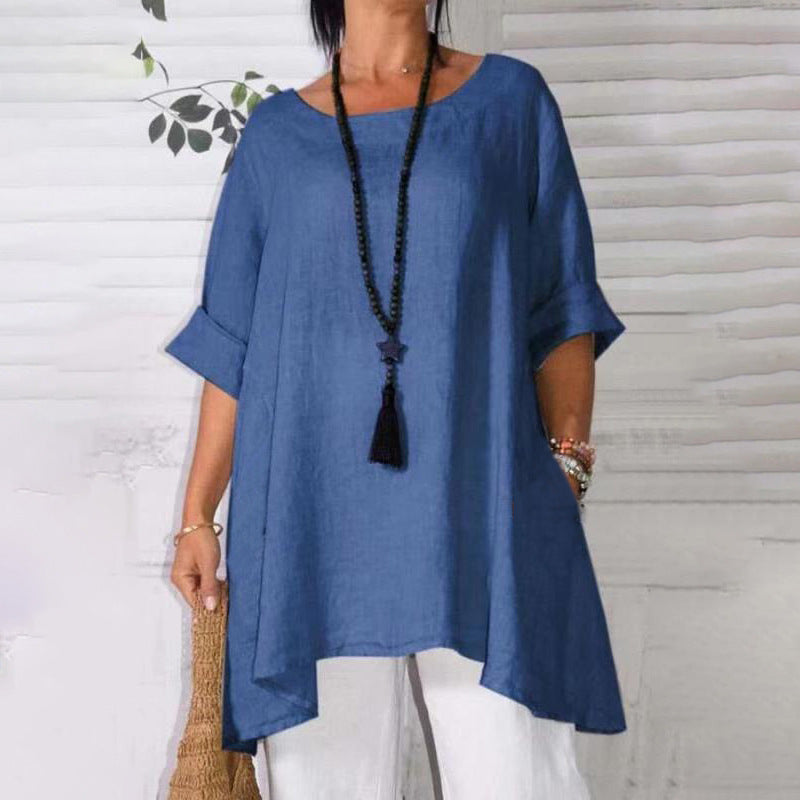 Women's New Loose Casual Solid Color Cotton And Linen Long-Sleeved Women's Blouse