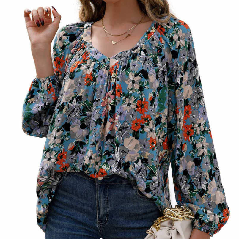 Loose Casual Small Floral Long-sleeved V-neck Shirt